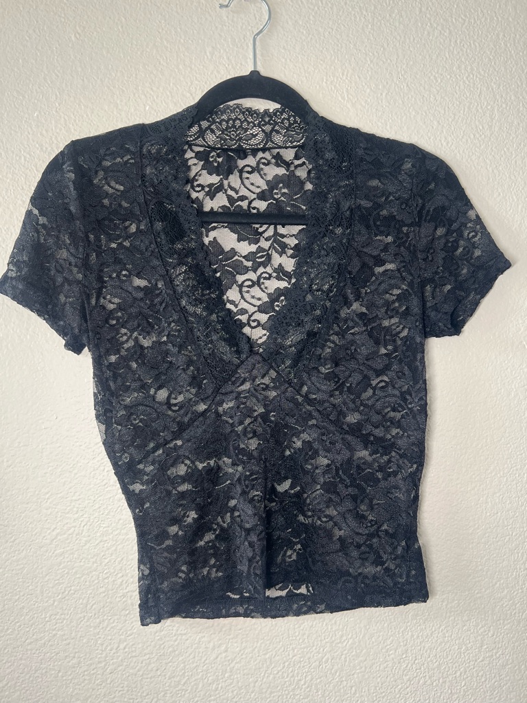 Shein Black Lace V Neck Short Sleeve Top